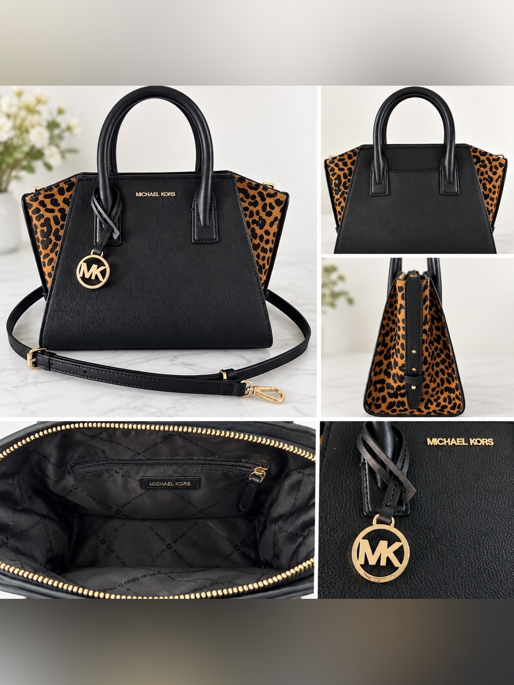 Michael Kors Avril Black Leather Satchel with cheetah Side Panels , used once